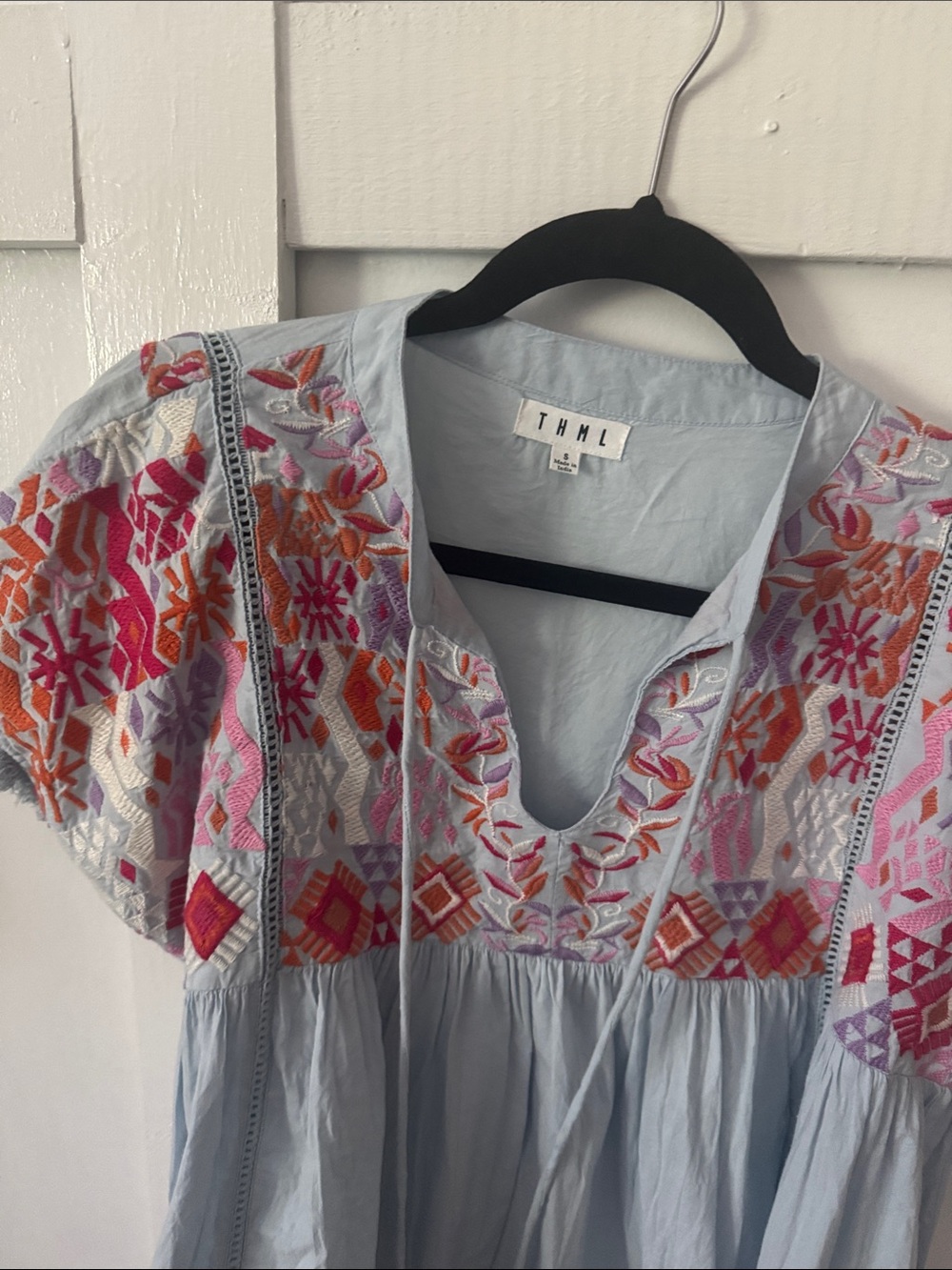THML Light Blue Embroidered Boho Top with Pink & Orange Accents - Picture 2 of 7